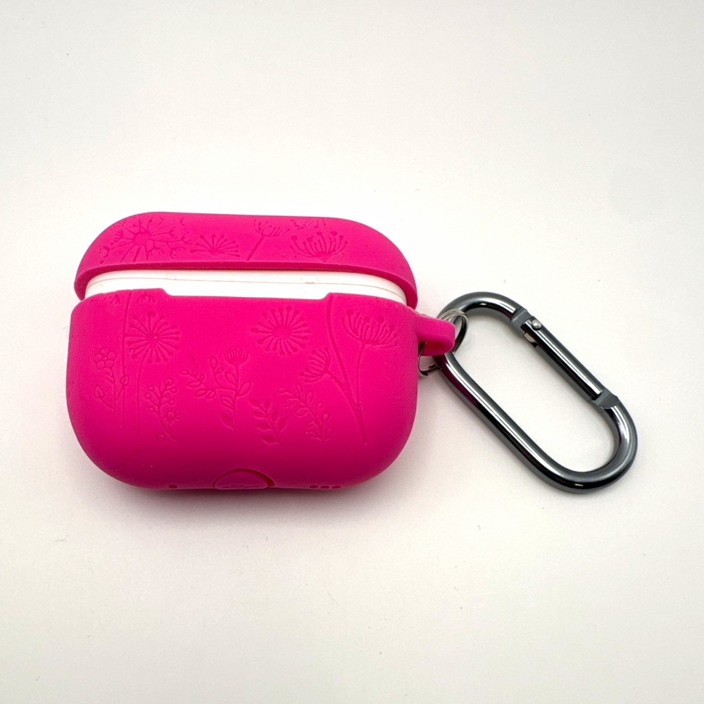 Pink Silicone Floral Fitted Case Cover w/ Carabiner Clip for AirPods Pro 1st